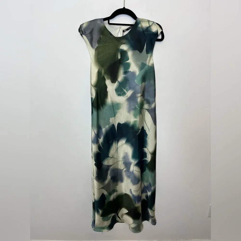 Zara Printed Satin Effect Midi Dress M - Picture 2 of 7